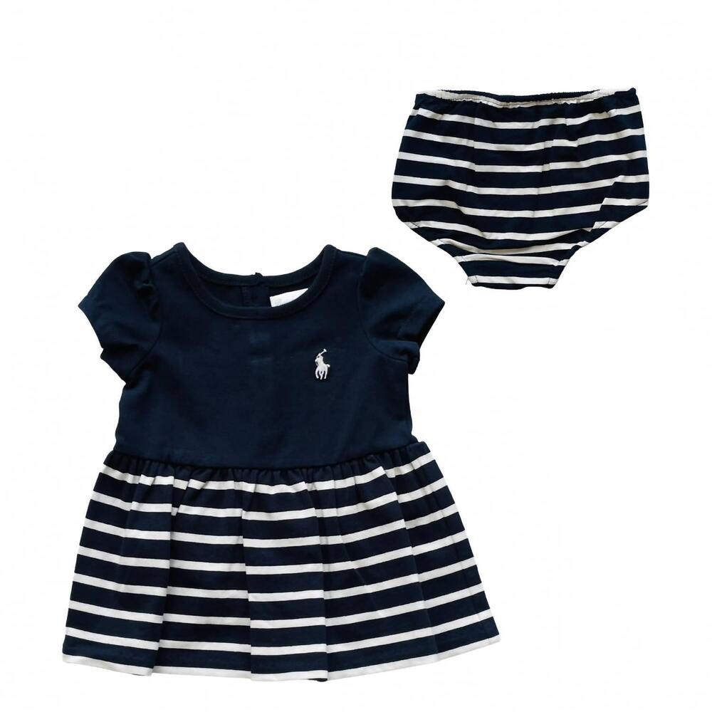 NEW RALPH LAUREN girl's cotton solid to stripe dress in blue